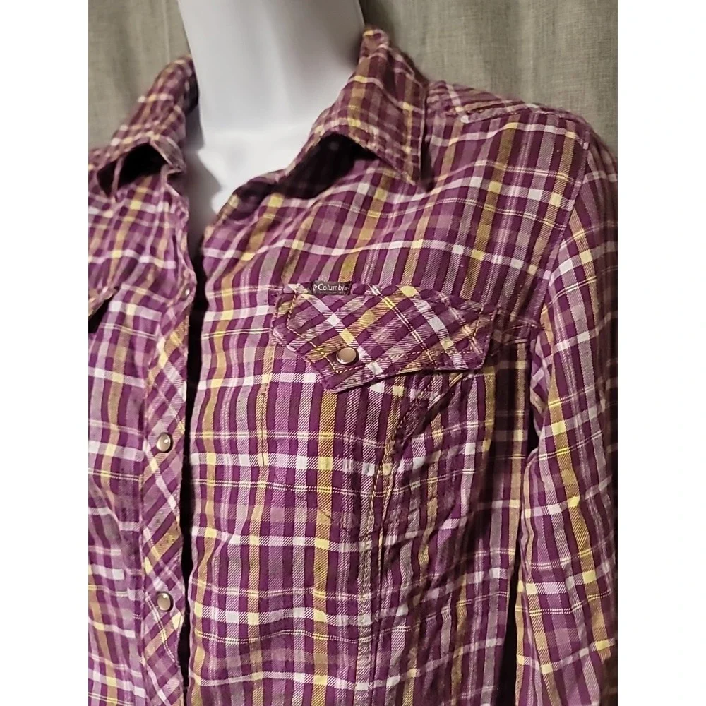 Columbia Womens Purple Plaid Long Sleeve Western Snap Front Cotton Shirt Small - Picture 2 of 6